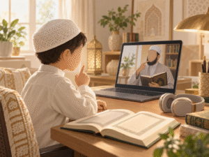 Child receiving live Tajweed correction in an online Quran lesson