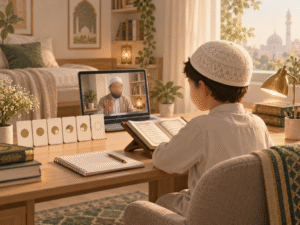 Child receiving live Tajweed correction in an online Quran lesson