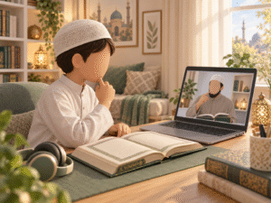 Child receiving live Tajweed correction in an online Quran lesson