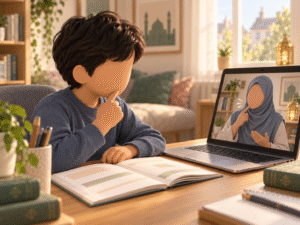 One-to-one Quran teacher gently correcting a child's reading