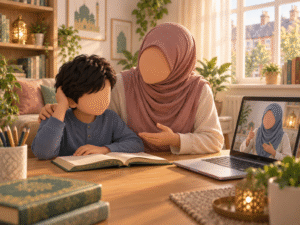 Parent supporting a child struggling with Quran reading at home